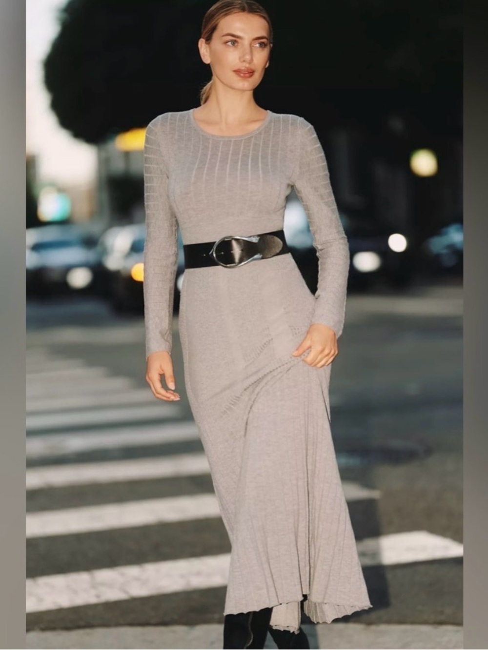 NWT Anthropologie Mare Mare Long Sleeve Gray Rib-Knit Pleated Maxi Dress, Small